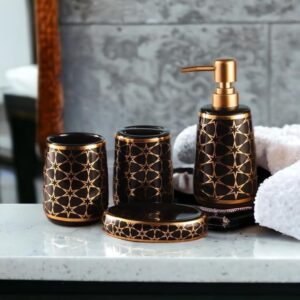 Ceramic Bathroom Accessories Set of 4, Modern Bathroom Accessory Sets Includes Soap/Lotion Dispenser, 1 Tumbler 1 Brush Holder, 1 Soap Dish Holder, Black/Gold