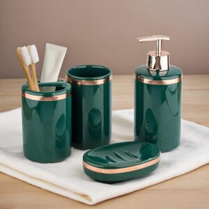 Ceramic 4 Pcs Bathroom Accessory Set Polished Design - Liquid Soap Dispenser Soap Dish (Green)